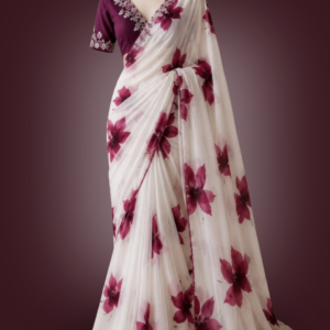 Elegant White Floral Printed Saree with Wine-Pink Blooms