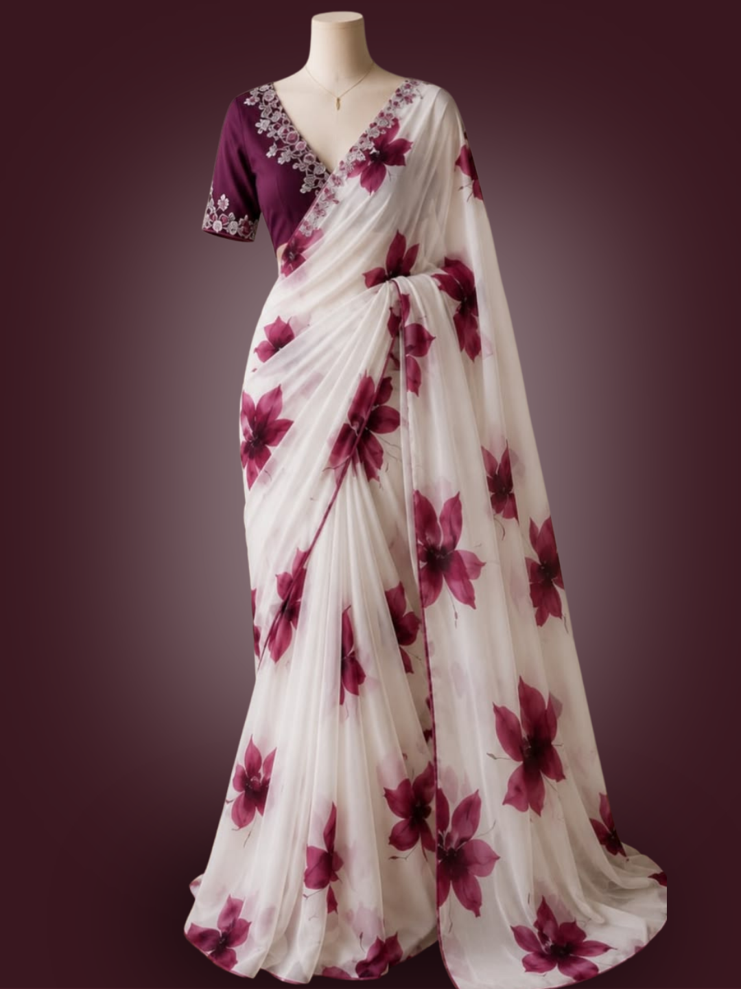 Elegant White Floral Printed Saree with Wine-Pink Blooms