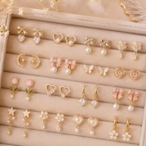 18-Piece Coquette Earring Set – Gold-Plated Bow, Pearl, Floral & Heart Stud Set