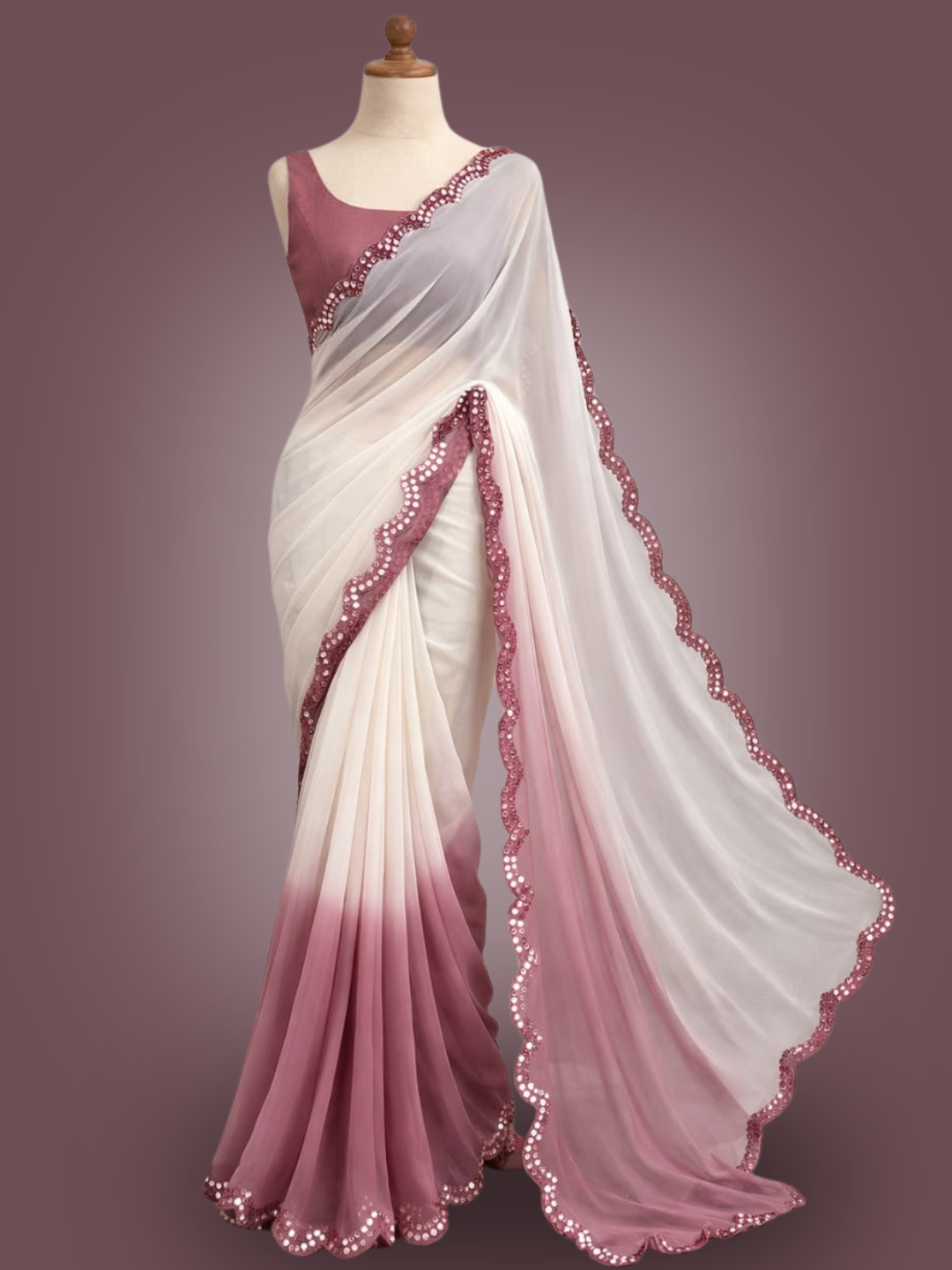 Elegant Wine & Blush Pink Ombre Sequin Border Saree