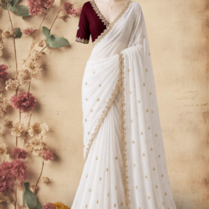 White Saree with Gold Embroidered Border