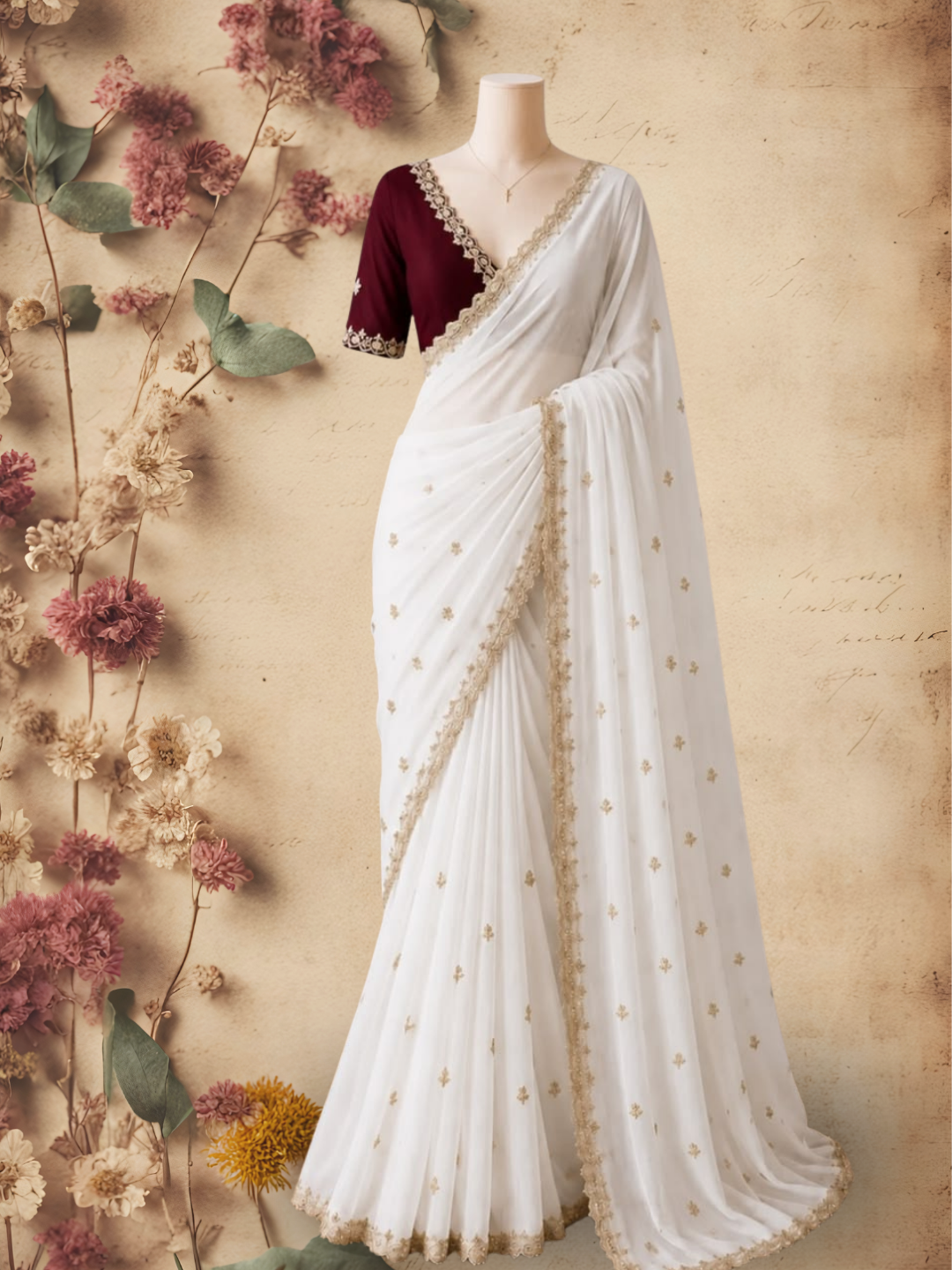 White Saree with Gold Embroidered Border