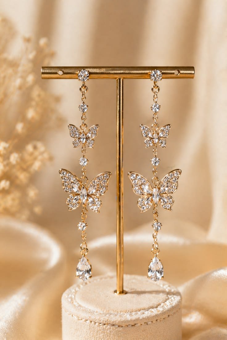 Gold Butterfly Crystal Drop Earrings