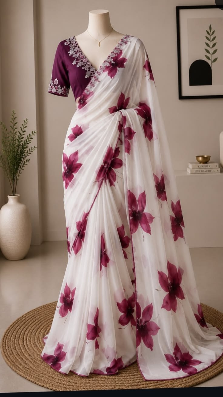 Elegant White Floral Printed Saree with Wine-Pink Blooms